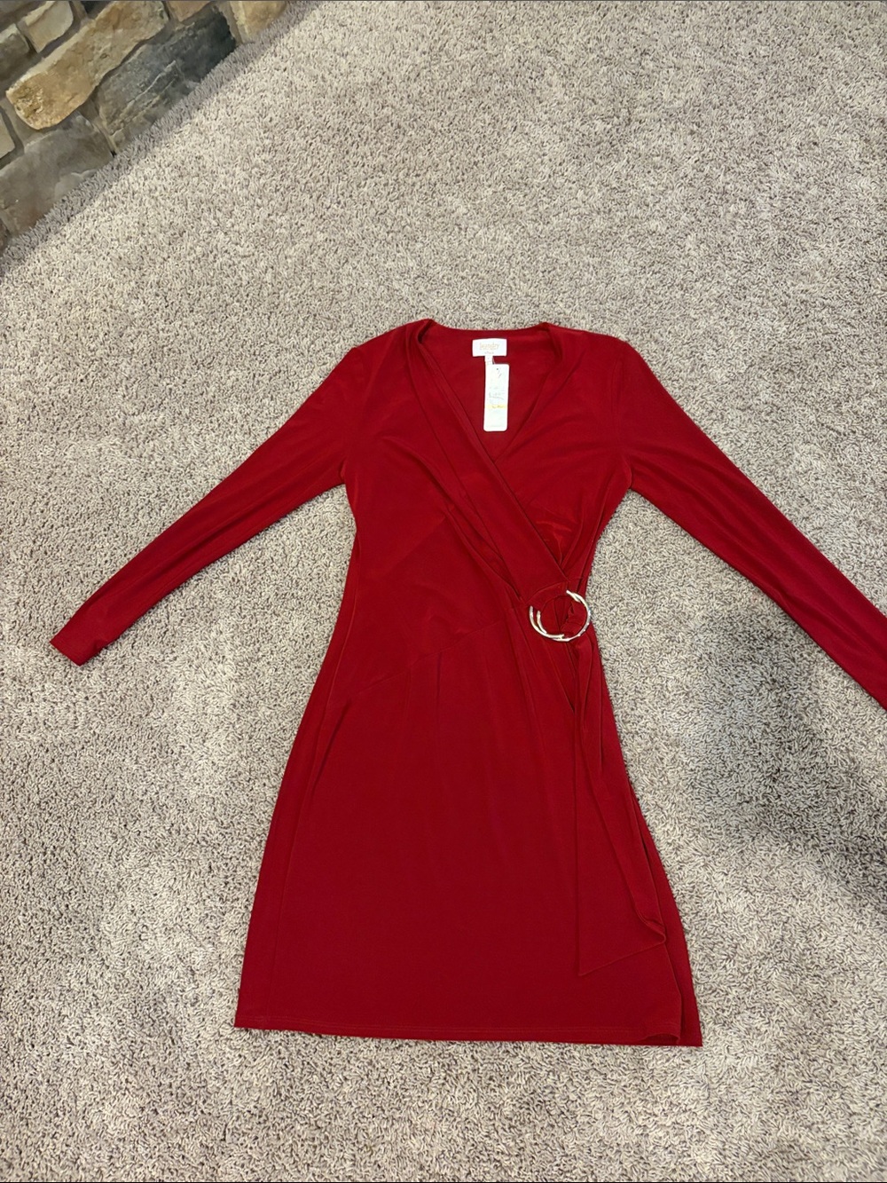 Laundry By Shelli Segal Deep Red Long-Sleeve Wrap Dress with Ring